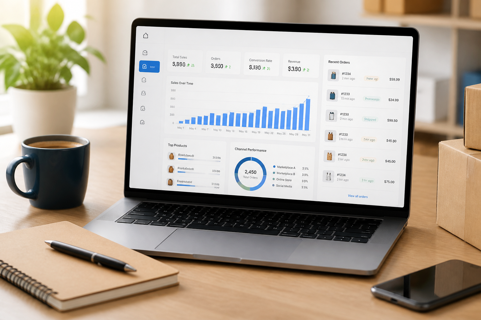 Laptop showing marketplace growth analytics for automation clients