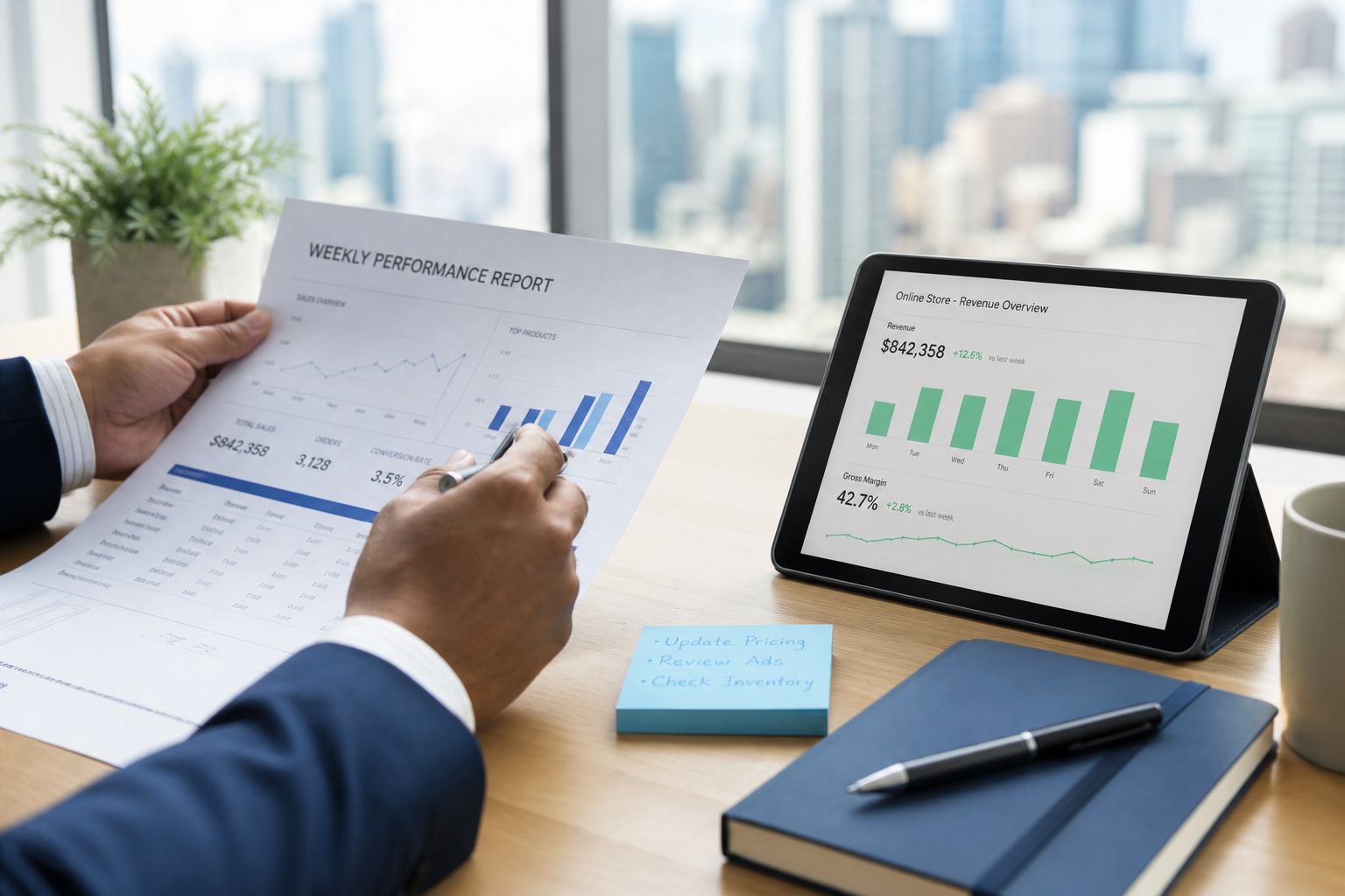 Client reviewing ecommerce growth reports and tablet metrics