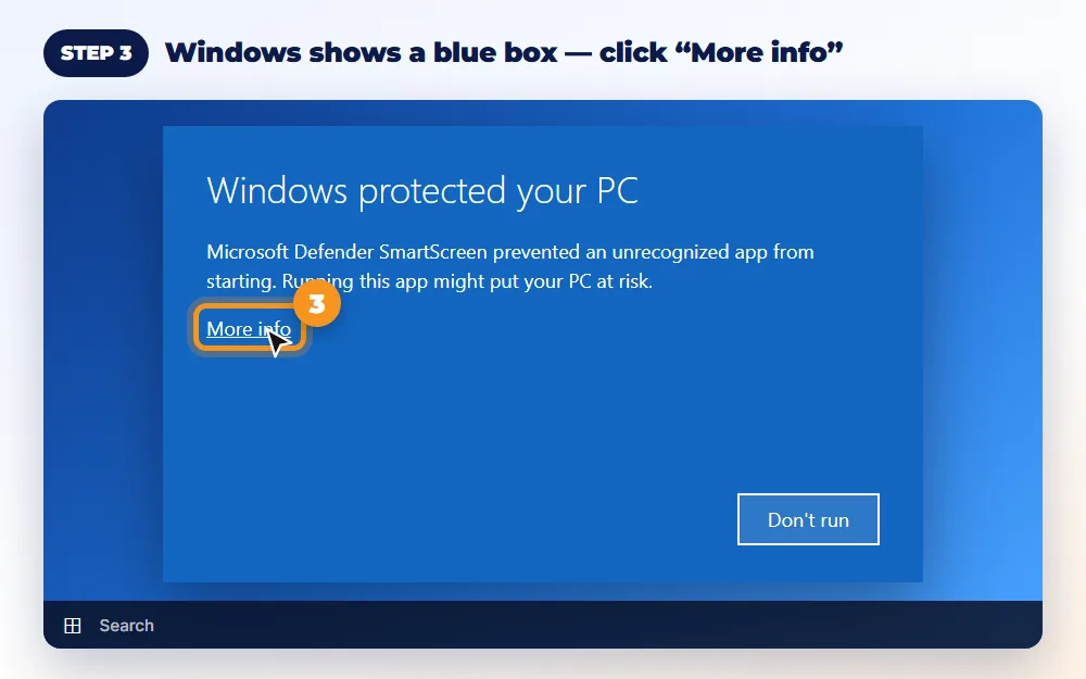 Step 3: Windows shows a blue box: click “More info”