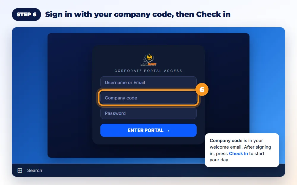 Step 6: Sign in with your company code, then Check in